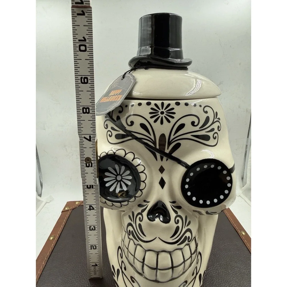 Halloween Sugar Skull with Top Hat, Tattoos, And Eye Patch  Ceramic Cookie Jar